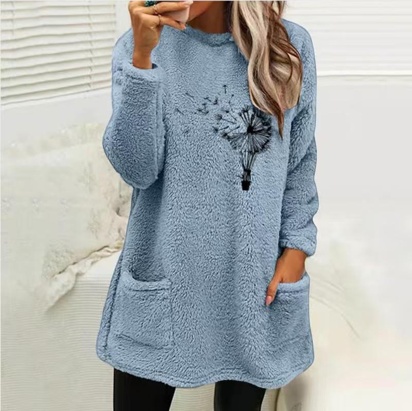 Women's Loose Fit Crew Neck Tunic Sweatshirt Long Sleeve Double Fleece Pullover Top Dandelion Floral Print Casual Fall Sweater With Side Pockets