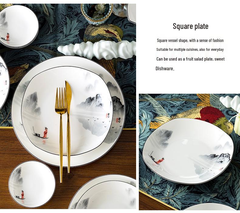 Tangshan Underglaze Ceramic Landscape Ramen Bowl Set