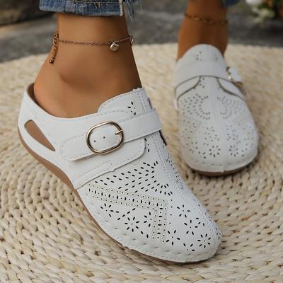 Women's Wedge Heel Half Slippers Lace Up Pattern Hollow Headed European and American Style Oversized Hollow Slippers