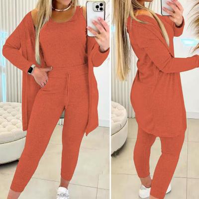 3 Pçs/set Mulheres Colete Casaco Calça Terno Gola Redonda Sem Mangas Top Mangas Compridas Cor Sólida Casaco Cintura Elástica Perna Larga Calças Uso Diário Esporte