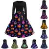 Women's Long Sleeve Halloween Dress Round Neck Casual Dress Party Skater Dress with Printed Skirt and Waist Tie for Seasonal Wear