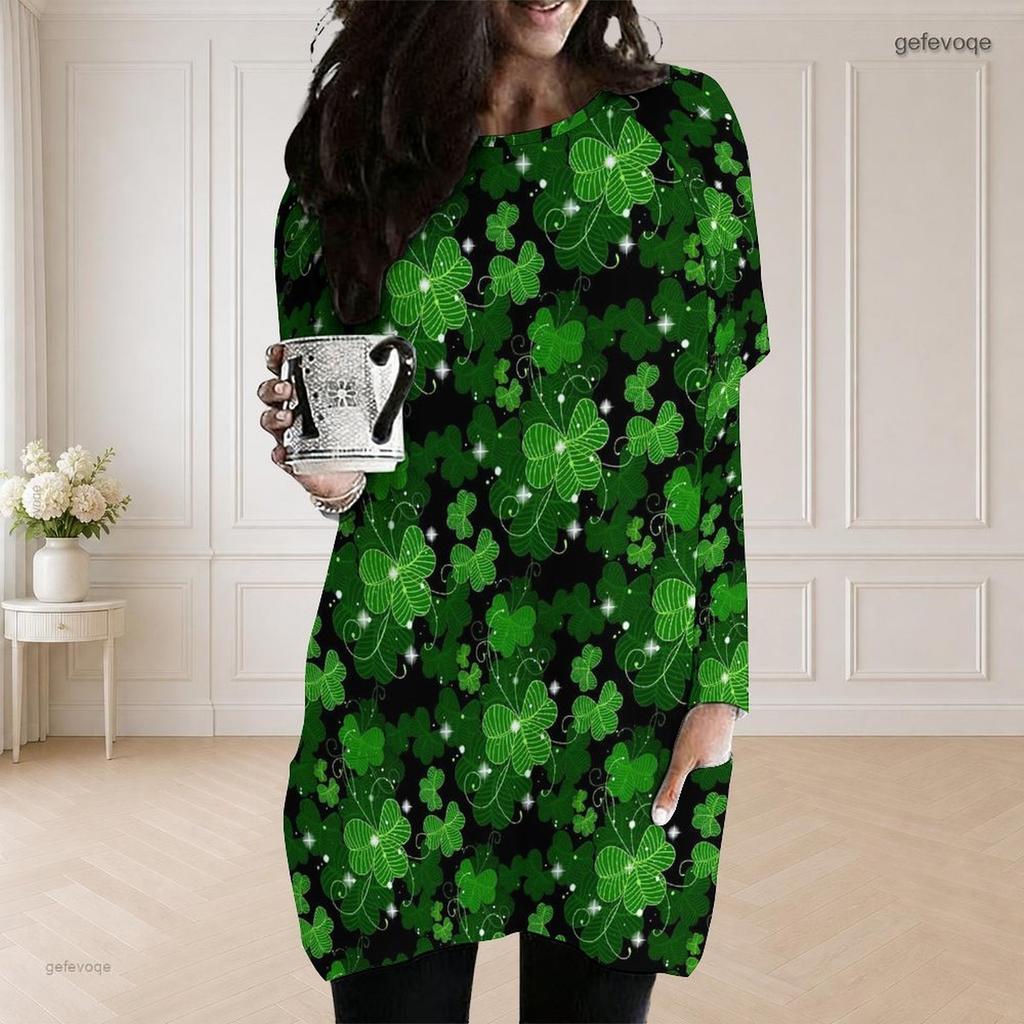 Women Plus Size Round Neck Long Sleeve White Blue Butterfly Print Loose Longline Top With Pockets
