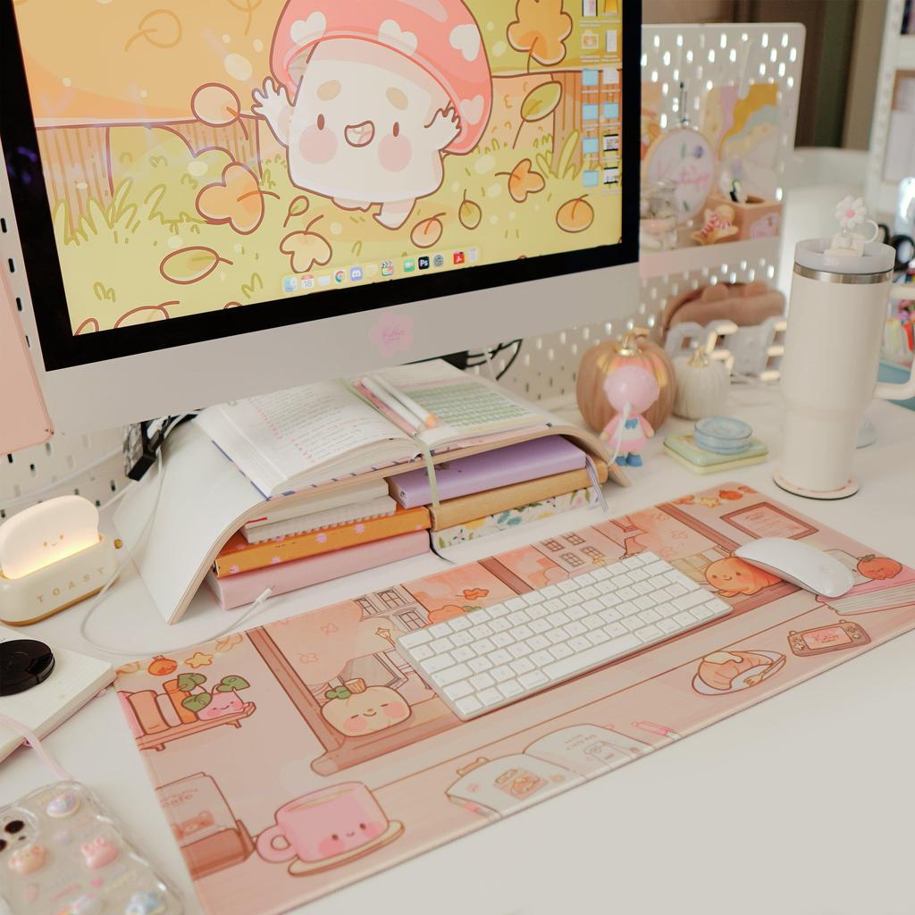 Autumn Gaming Mousepad Katnipp Coffee Shop Scene Kawaii Desk Mat Women's Computer Decorative Desk Mat Cute Wrist Rest Mouse Pad