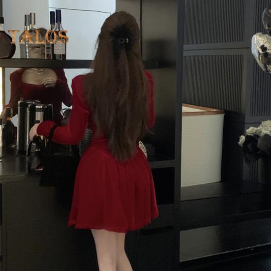 Women Dress Square Neck Pleated A-line Long Sleeves Pleated Slim Waist Velvet Mini Dress Prom Banquet Party Short Dress Fall Spring Princess Dress