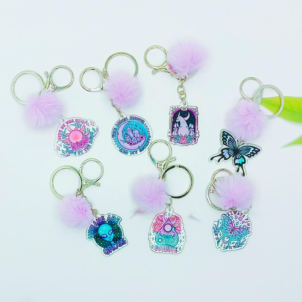 Acrylic Faux Rabbit Fur Halloween Keychain Alien Butterfly Women Key Ring Tarot Card Elk Keychain