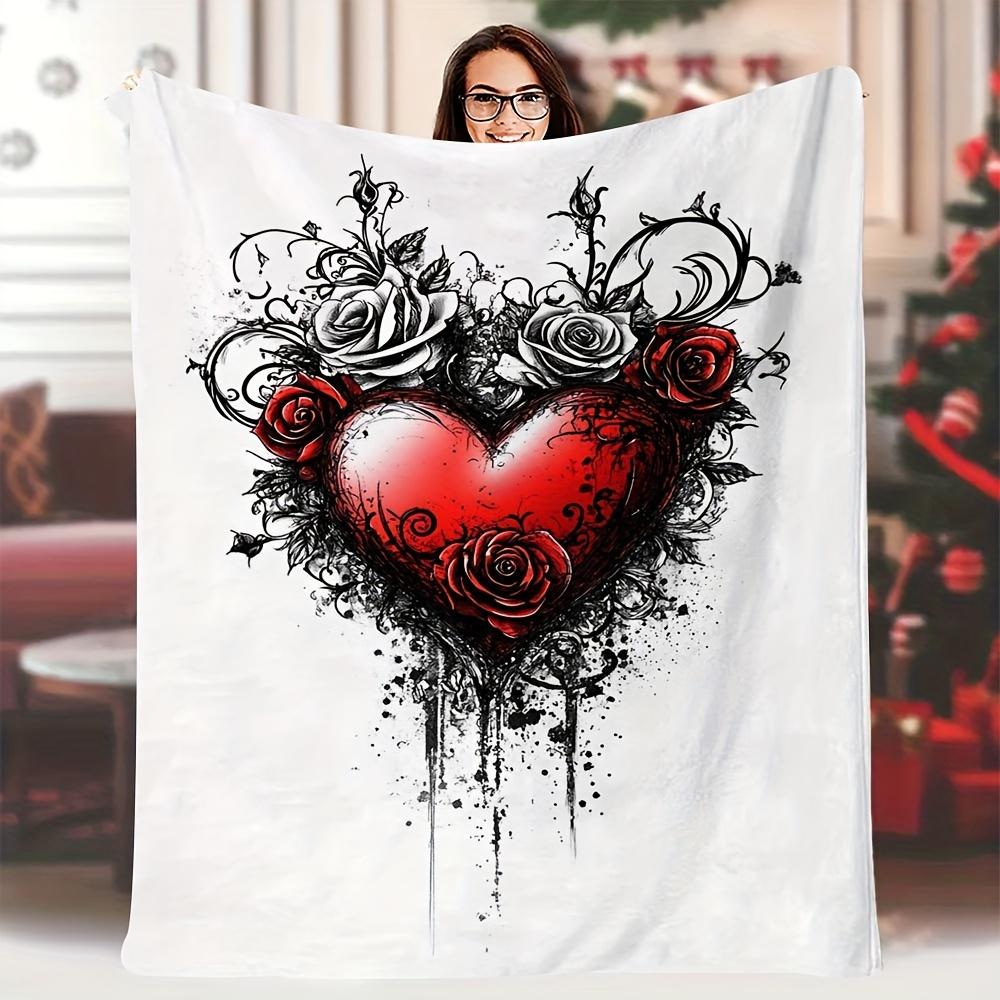 

1pc Vintage Heart Tattoo Design Throw Blanket, 60x80 Inch, Soft Fabric with Roses and Swirls, All-Season Sofa and Bed Cover 70x100cm28x39in