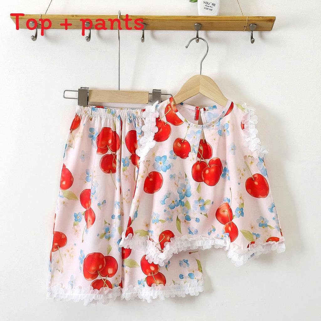 Summer Girl Sleepwear Set With Lace Trim Short Pants Cotton Silk For Kids