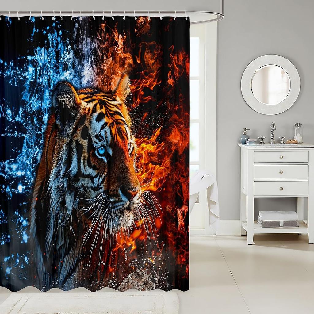 Tiger Shower Curtain Boys Girls Kids Women Men Cool Fire Animal Print Wild Wildlife Bathroom Decor Hooks