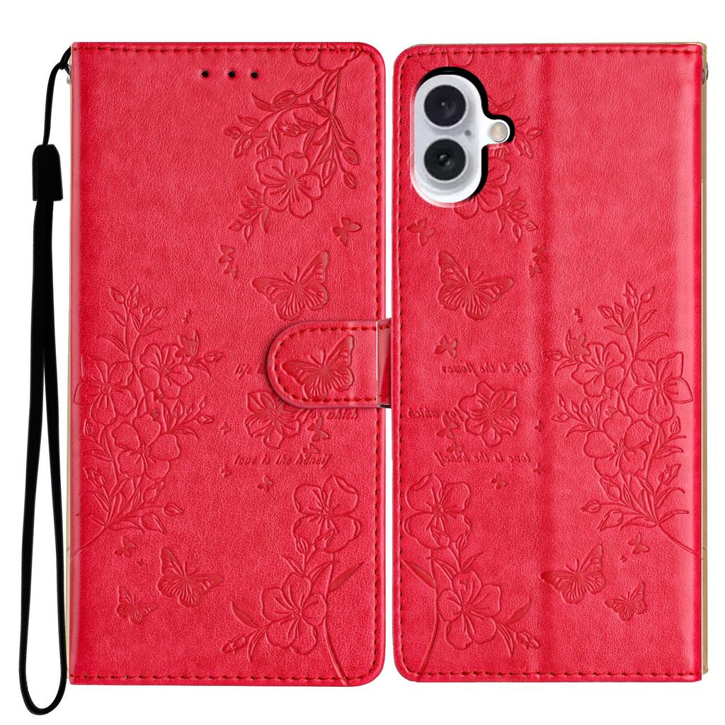 For iPhone 17 Wallet Phone Case Butterfly Floral Imprint Leather Flip Cover with Strap