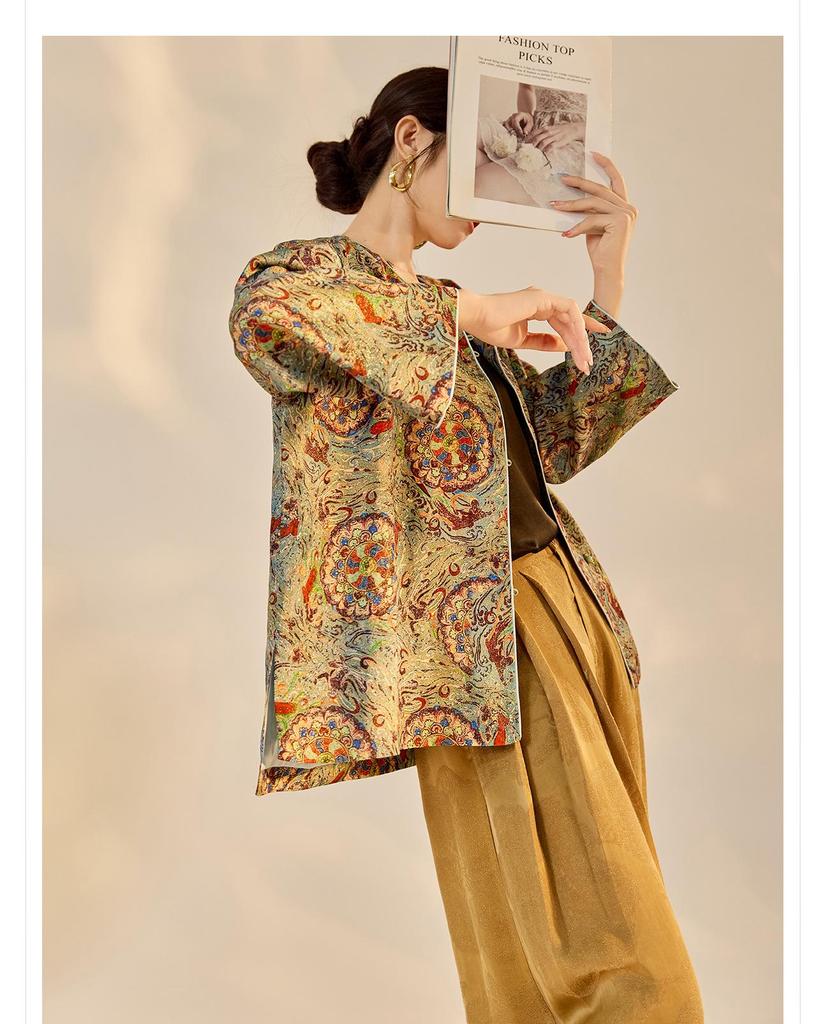 High-End Asymmetrical Embroidered Silk Print Jacket, Chinese Style, Autumn Top N8042