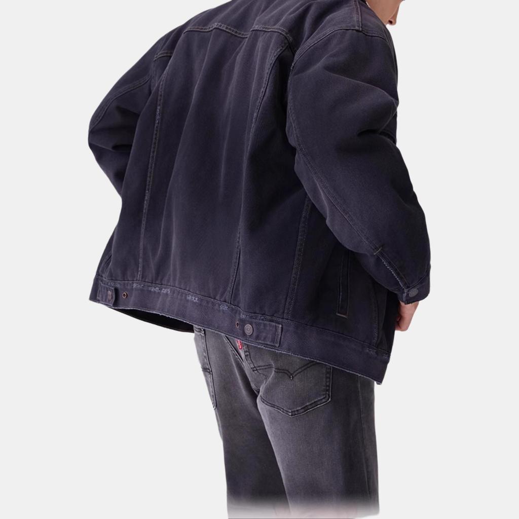 Levis Color Block Simple Comfortable Versatile Lapel Faux Shearling Denim Jacket Men Jacket Black 0017B-0001