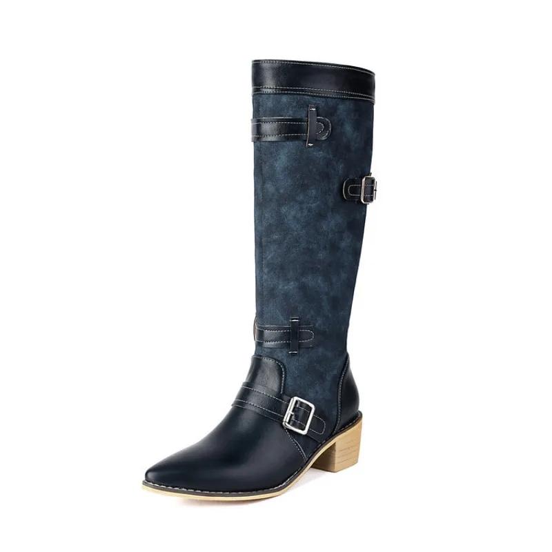 Fashion European American Color Blocked Western Cowboy Boots Women Pointed Spliced Belt Buckle 4.5cm Thick Heel Knee High Boots 35-46