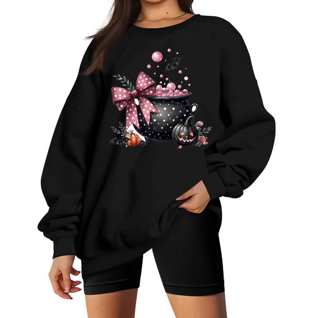 Women's Color Neck Long Sleeve Loose Fit Sweatshirt with Halloween Print