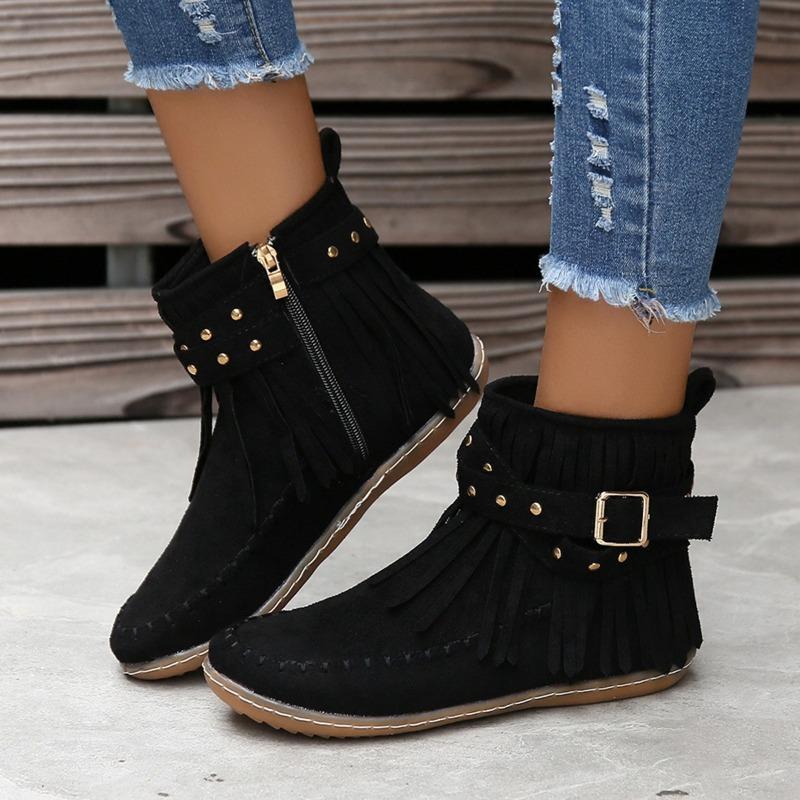 Autumn and winter large size hot-selling women's flat-bottomed fringed boots low tube round head belt buckle flat-heeled Martin boots