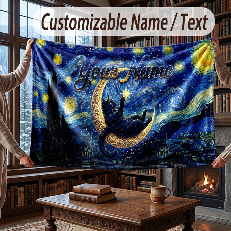 Cat Theme Throw Blanket Custom Name Text Personalized Blanket Soft Cozy Blanket for Home Sofa Bed