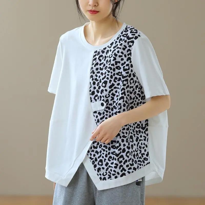 T-shirt for Women Summer Large Size Cotton T-shirt Soft Loose Leopard Casual Comfortable Pullover T-shirt Top