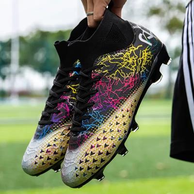 Chuteiras de futebol elásticas de cano alto da moda com ponta, tênis de futebol respiráveis, antiderrapantes e resistentes ao desgaste, calçados esportivos