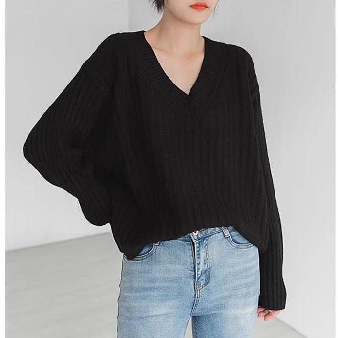 Jerséis Básicos de Punto para Mujer Otoño Invierno Cálido Suéter Cuello en V Moda Holgado Manga Larga Clásico Casual Tops de Punto