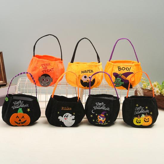 Xiaobudian Halloween Trick or Treat Bucket, 9.8x5.9 Inch Pumpkin Witch Black Cat Plush Tote Bag, Soft Candy Basket with Handle for Party Favors