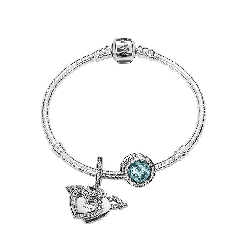 Pandora Glacier Blue Shining Heart Angel Wings Pave 925 Silver Bracelet Set Women s Silver ZT-0352