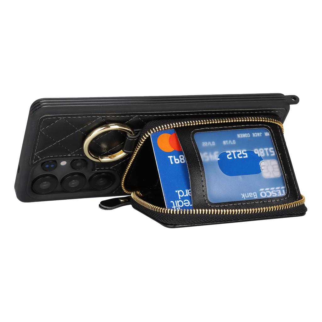 For Samsung Galaxy S25 Ultra Case Ring Holder Zipper Pocket Kickstand Leather Back Phone Cover with Shoulder Strap