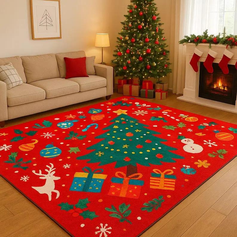 Regal Christmas Tree Poinsettia Rug Vintage Xmas Home Decor Cozy Winter Decor Festive Cottagecore Rustic Holiday Traditional