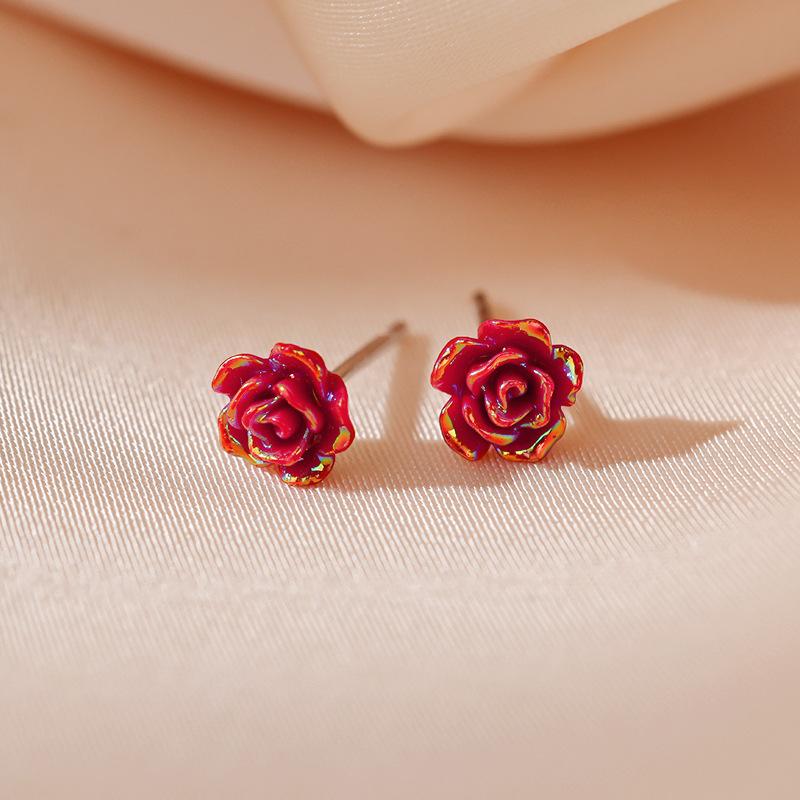 S925 Silver-plated Earrings Flower Earrings Women's New Advanced Earrings Japan and South Korea Fashion Small Red Rose Ear Bone Nails