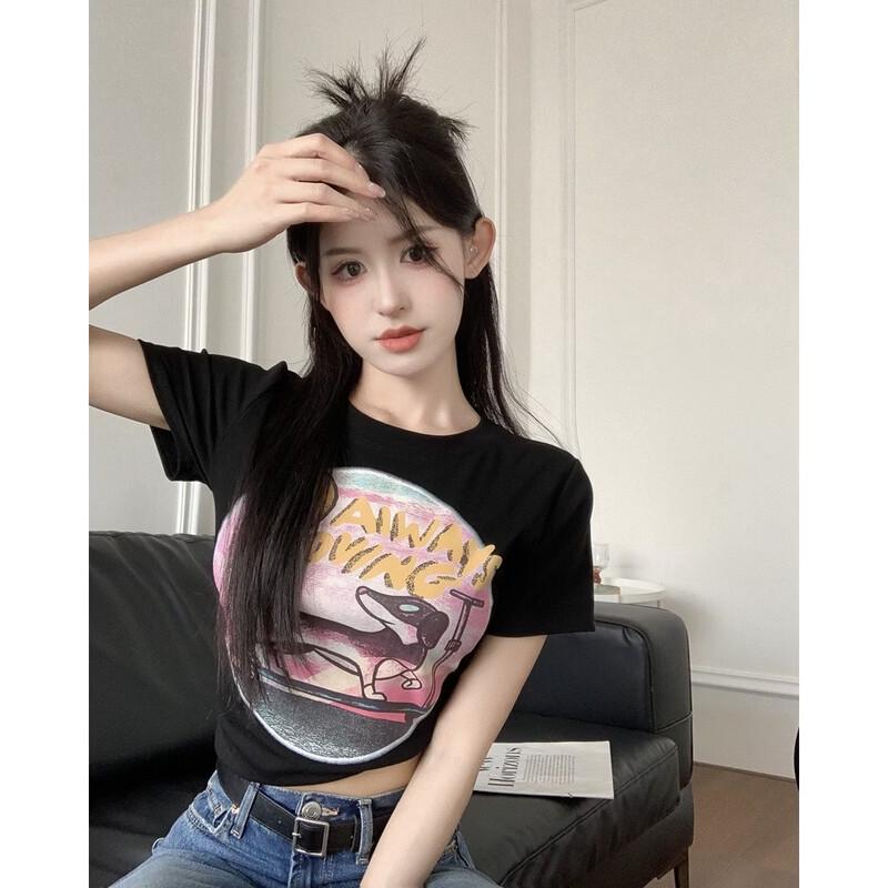 ZOSE Women s Summer Fun Dog Print Slim-Fit Short Sleeve T-Shirt One Size (90-120 jin)