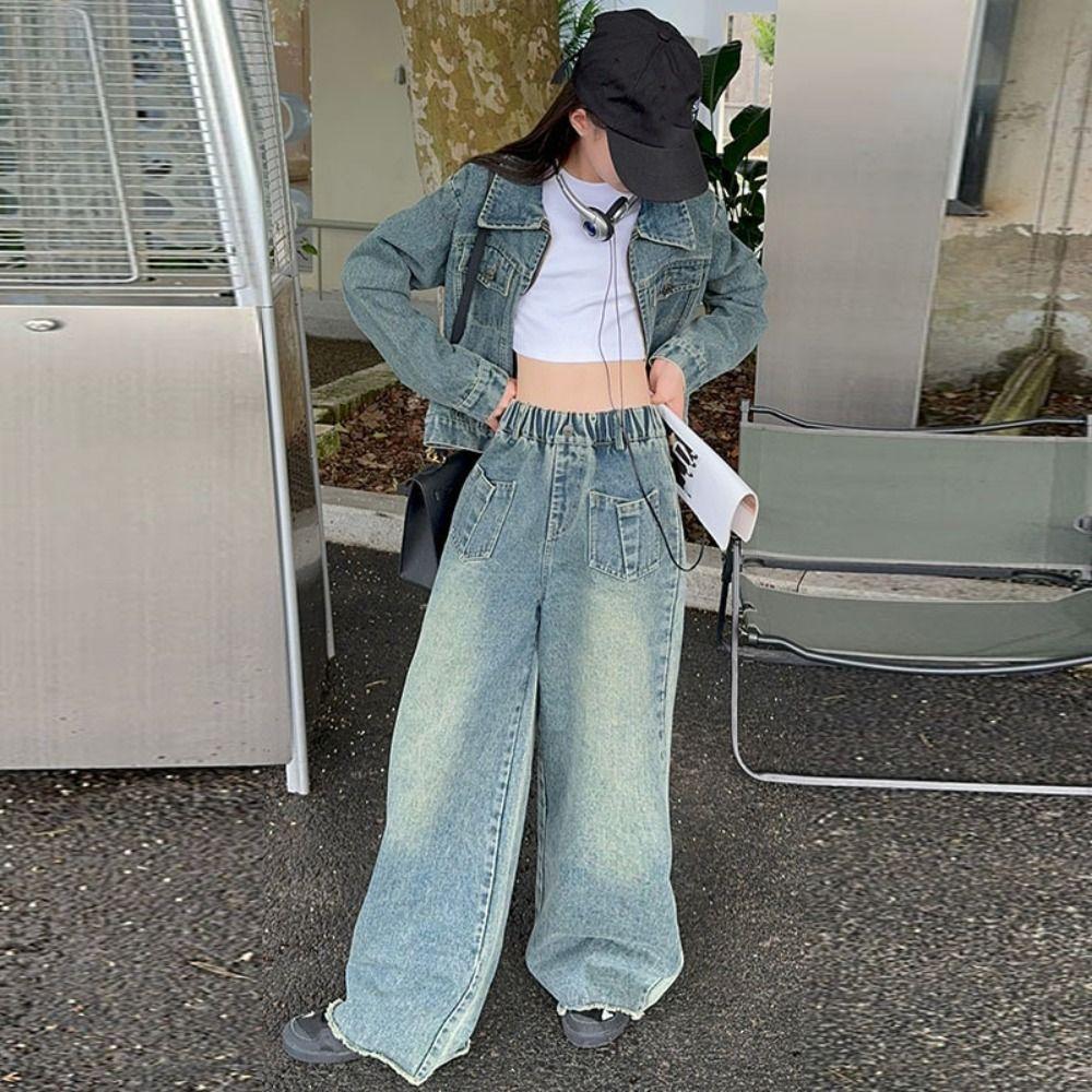 Wide Leg Pants Children Cowboy Set Loose Girls Clothes Set Fashion Jeans Jacket Suit Summer Autumn