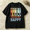 Fishing Makes Me Happy Unisex T Shirt Retro Striped Fisherunisex Silhouette Graphic Tee Outdoor Fishing Lover Casual Short Sleeve Tops