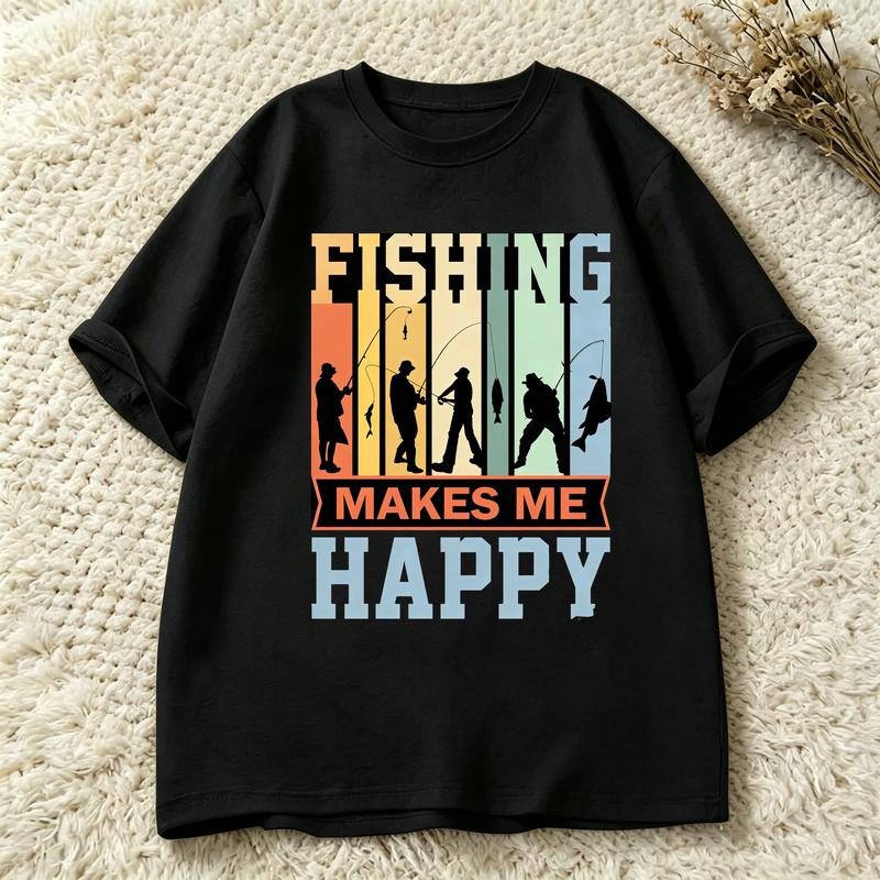 Fishing Makes Me Happy Unisex T Shirt Retro Striped Fisherunisex Silhouette Graphic Tee Outdoor Fishing Lover Casual Short Sleeve Tops