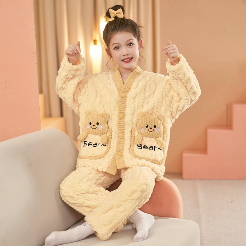 Kids Coral Fleece Pajama Set Winter Thick Warm Sleepwear Girls Family Matching Home Outfit