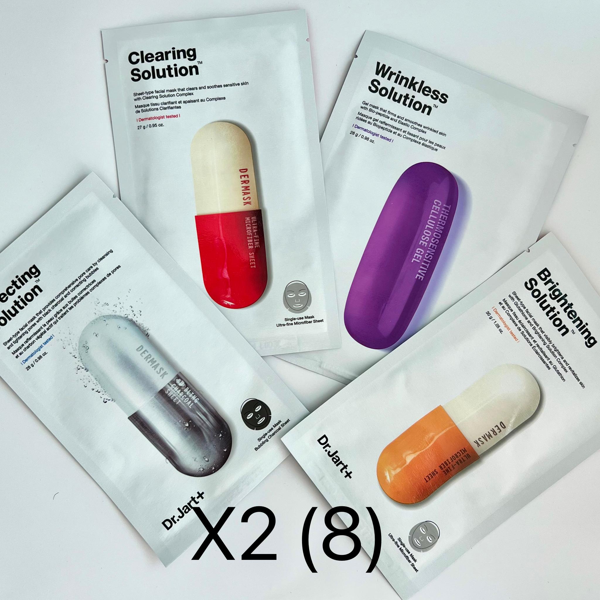 

доктор. Набір масок Jart+: Porecting Solution+Brightening Solution+Clearing Solution+Wrinkless Solution 8pics