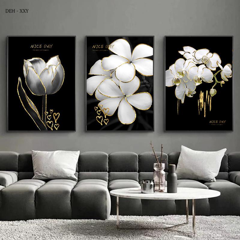 Luxury Plants White Flowers Wall Art Painting Picture Golden Art Canvas Poster Prints Nordic Flowers Art for Living Room Decor