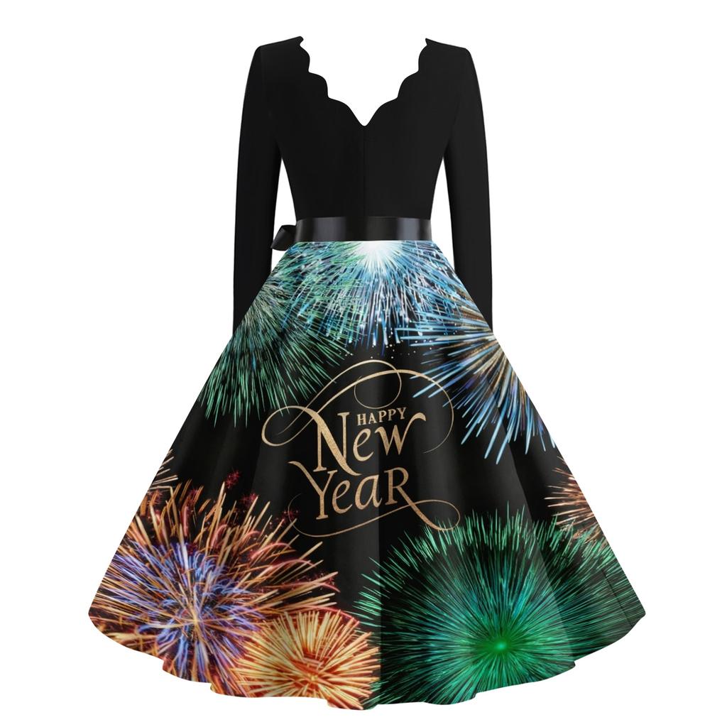 Γυναικείο Casual Μόδα Πρωτοχρονιάτικο Φόρεμα με V Λαιμόκοψη και Vintage Εκτύπωση