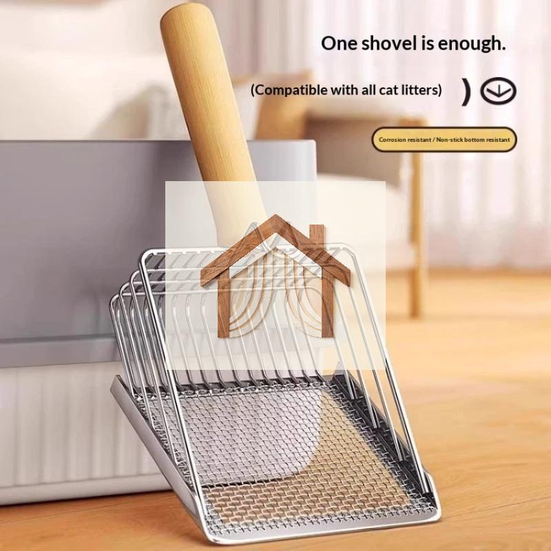 Metal Cat Litter Shovel with Comfortable Wood Handle Built-in Hook Portable Kitty Litter Sifter for Daily Cat Care