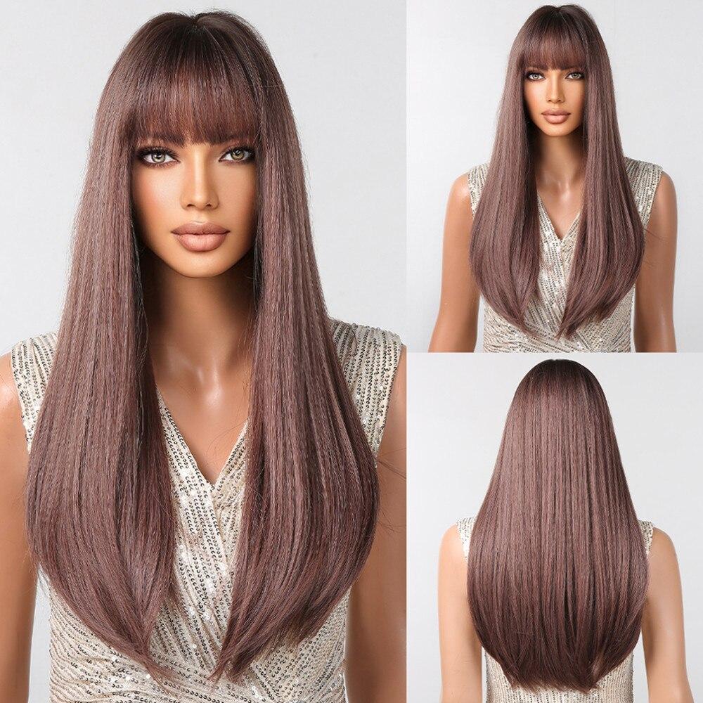 ALAN EATON Ash Grey Brown Mixed Synthetic Wigs for Women Long Straight Middle Part Hair Wigs Daily Cosplay Use Heat Resistant