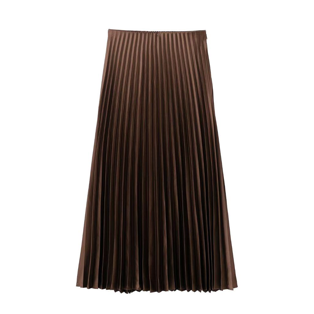 Spring 2025 Women's Slimming High-Waisted Silk Satin Pleated Midi Skirt