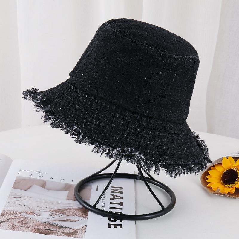 Spring and summer old retro versatile face covering solid color rough edge denim bucket hat woman