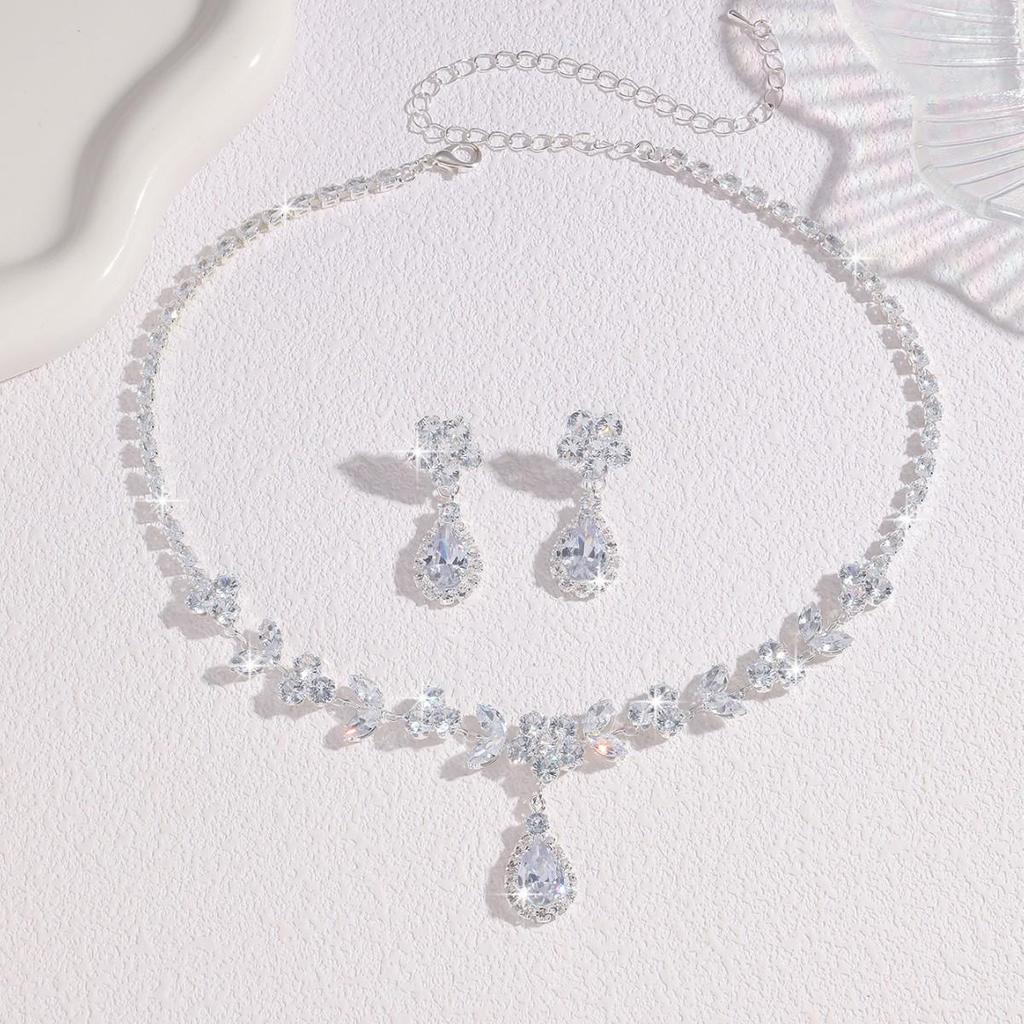 Elegant French Zircon Teardrop Earrings & Necklace Set - Versatile Bridal Jewelry