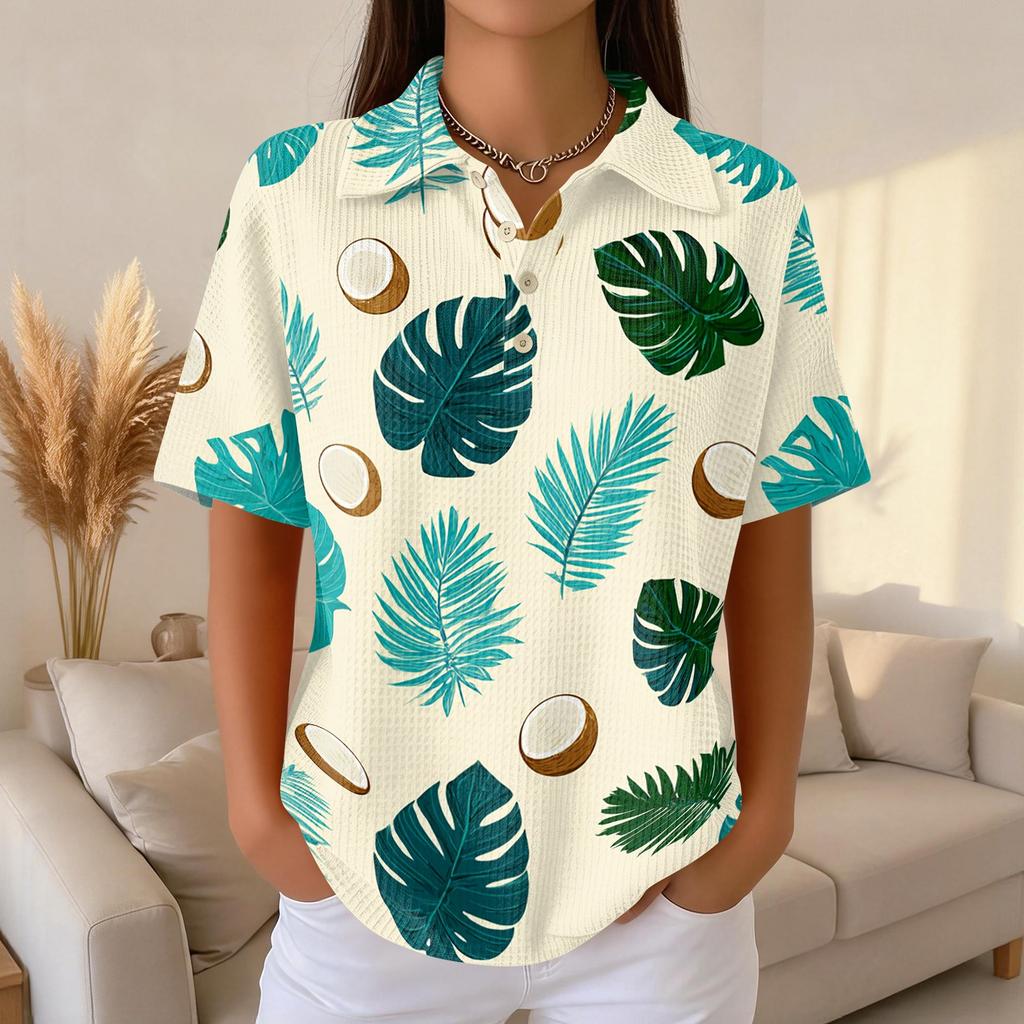 Women's Casual Short Sleeve Polo Shirt Waffle Texture Hawaiian Print Lightweight Summer Top with Buttoned Collar Relaxed Fit