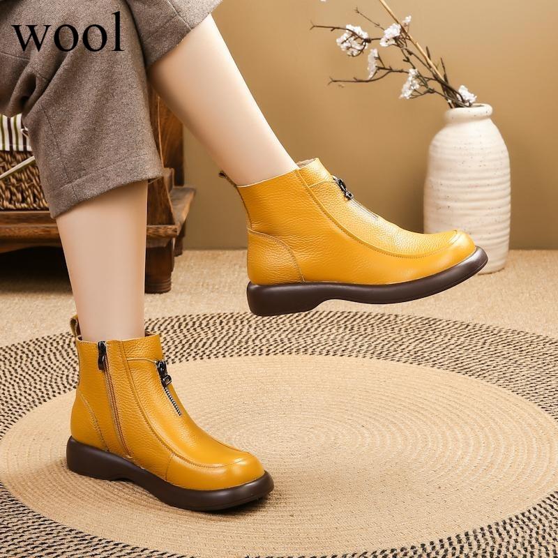 Leather Cotton Shoes Women's Winter Flat Wool Bootie Women's Velvet Warm Boots Soft-soled Non-slip Middle-aged and Elderly Ankle