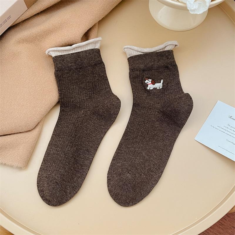 Autumn and Winter Socks, Cartoon-embroidered Pure Cotton Mid-calf Socks, Versatile School-style Women's Socks