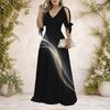 Women Plus Size V Neck Cold Shoulder Tie Cuff Short Sleeve Black Printed A Line Maxi Dress