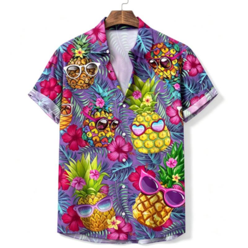 Men's short sleeved shirt with collar and short sleeved shirt, sunglasses, pineapple printed Hawaiian hibiscus flower