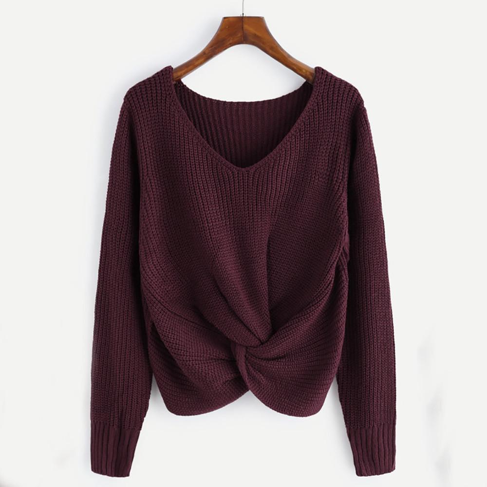 Women Long Sleeve Solid Color V-neck Sexy Cross Knotted Panel Sweater 