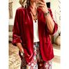 Women Velvet Open Front Blazer Stand Collar Three Quarter Sleeve Casual Loose Jacket With Pockets Autumn Outerwear