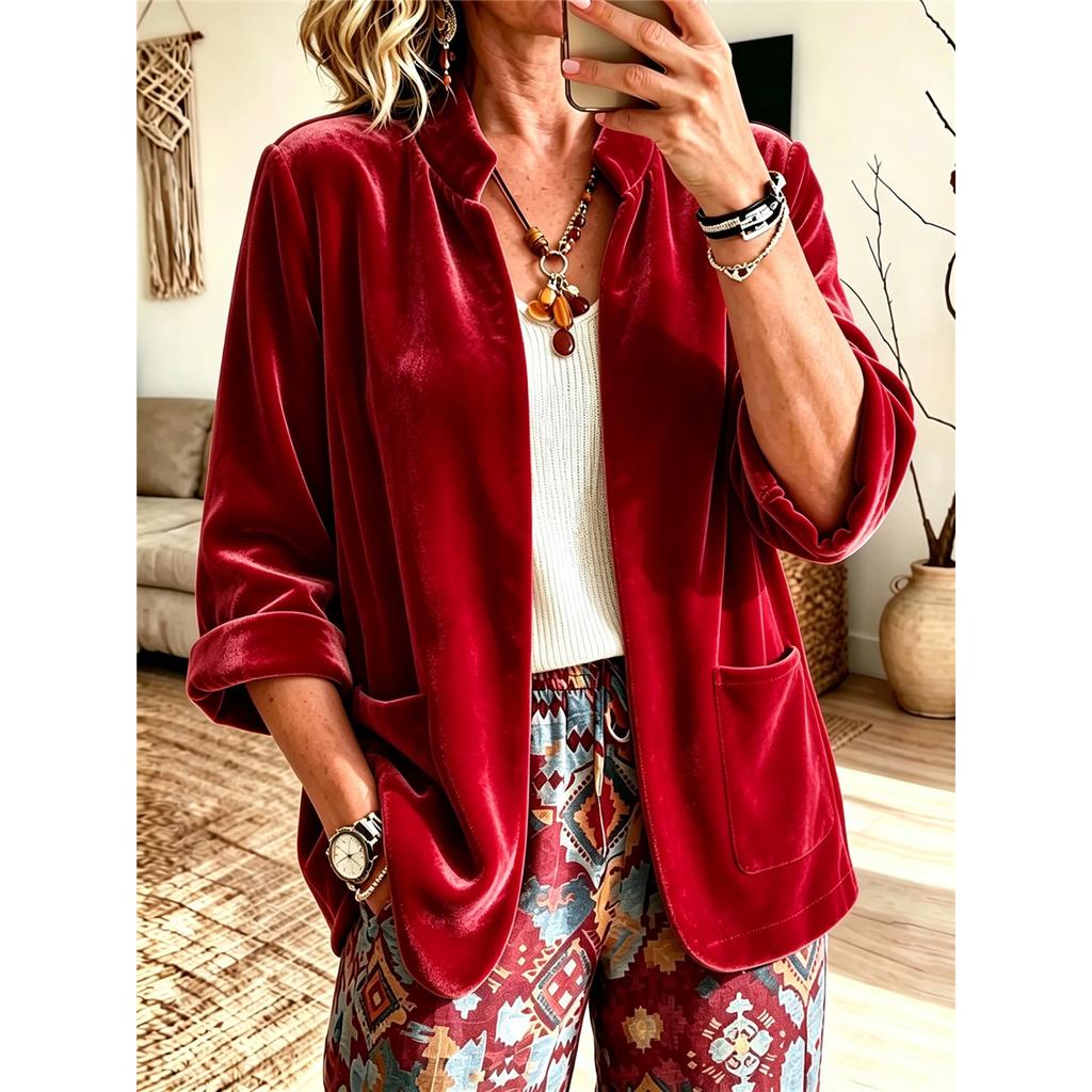 Women Velvet Open Front Blazer Stand Collar Three Quarter Sleeve Casual Loose Jacket With Pockets Autumn Outerwear