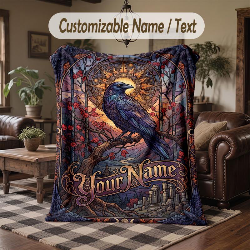 Raven Autumnal Landscape Theme Throw Blanket Custom Name Text Personalized Blanket Soft Cozy Blanket for Home Sofa Bed