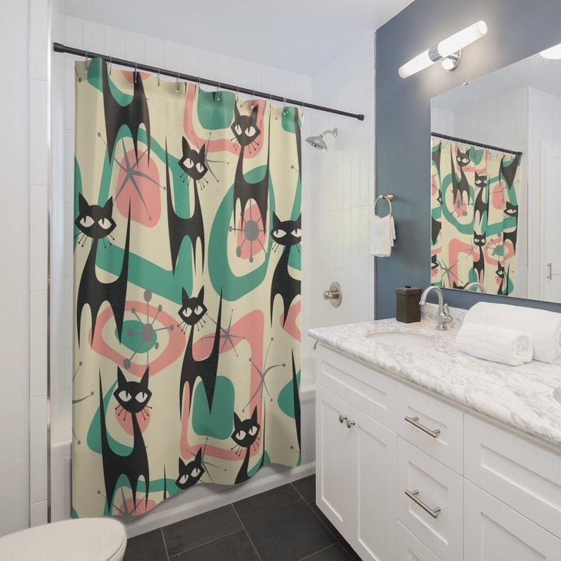 Atomic Cat Mid Century Modern Starburst Shower Curtain, 60s Retro Geometric Pink, Mint, Gray MCM Bath Decor